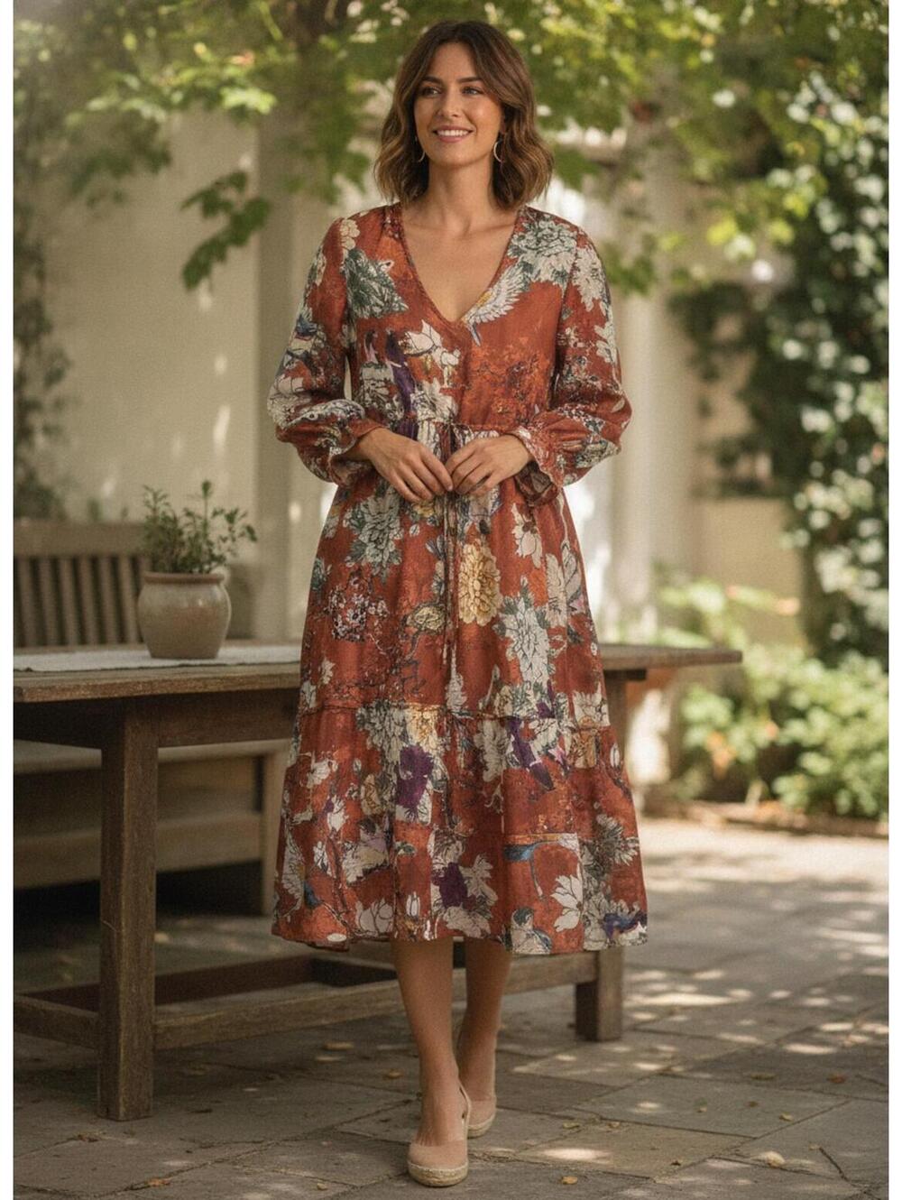 Hemant & Nandita ZIri Floral Print V-Neck Midi Dress Size 10